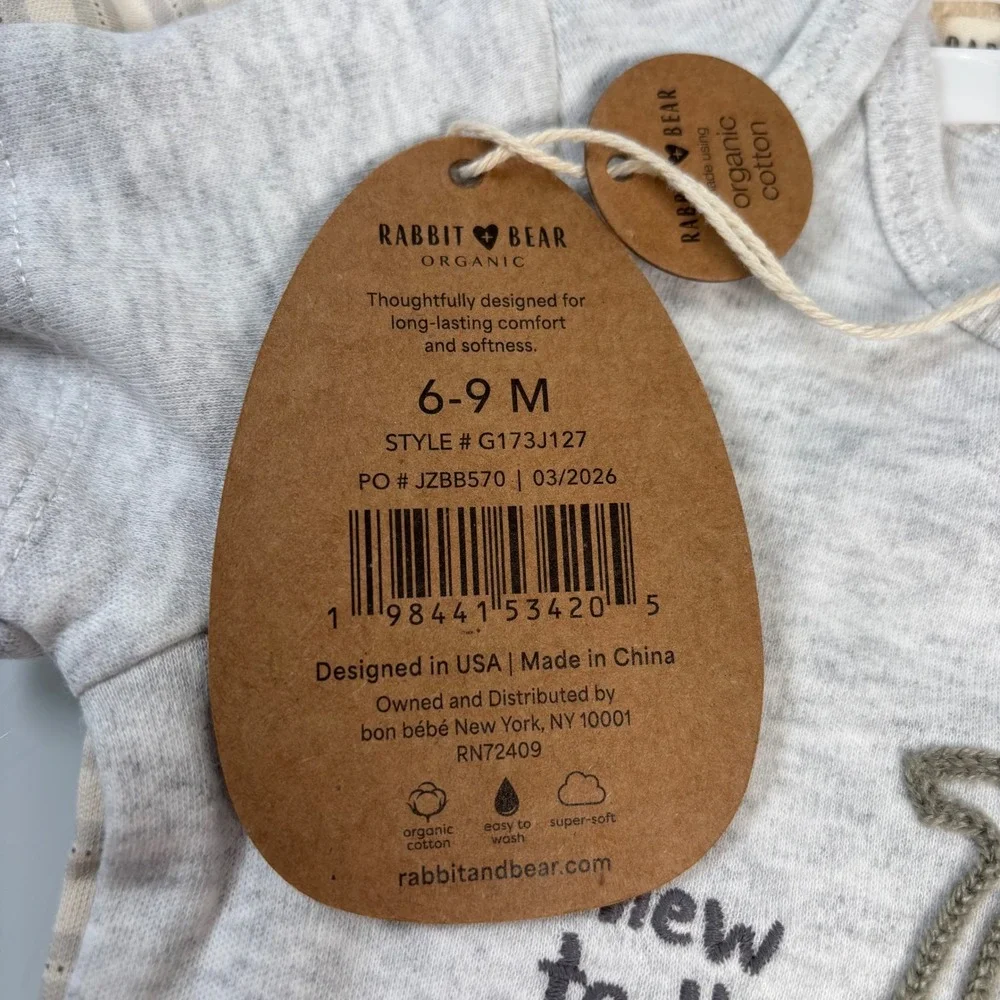 Rabbit + Bear Kids 6-9M Gray Elephant Organic Cotton Bodysuit Set 3PK New NWT